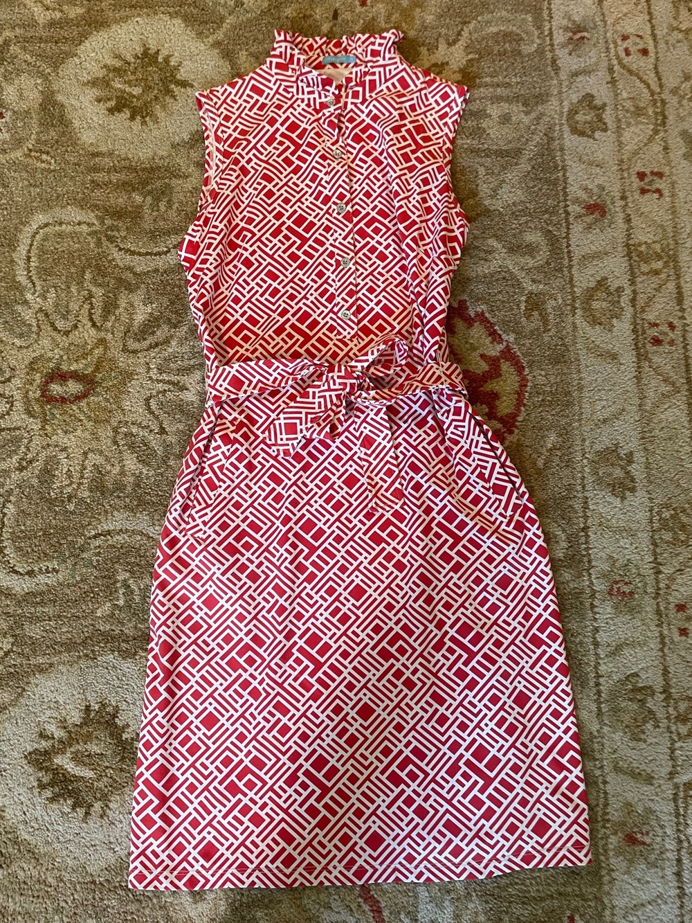 J McLaughlin Sleeveless Doris Geo Print Tie-Waist Dress Catalina Cloth